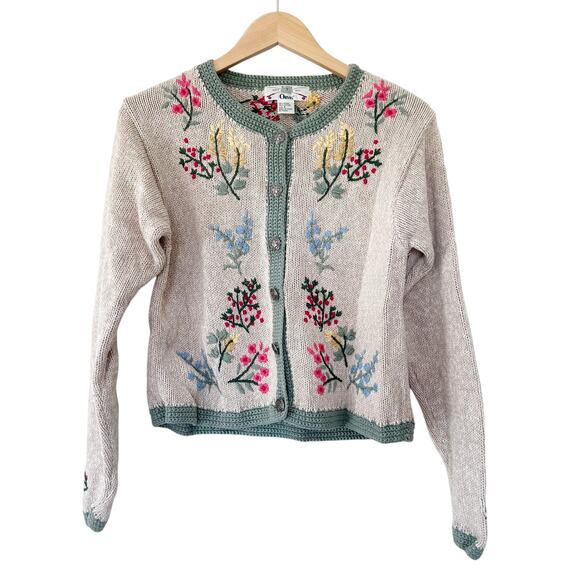 Vintage Orvis Tan Flower Embroidered Knit Cardigan Sz S - Picture 1 of 6